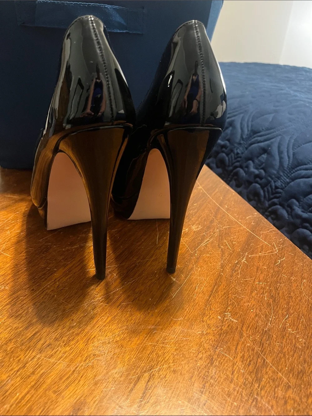 Glossy Black Patent Peep-Toe Platform Heels